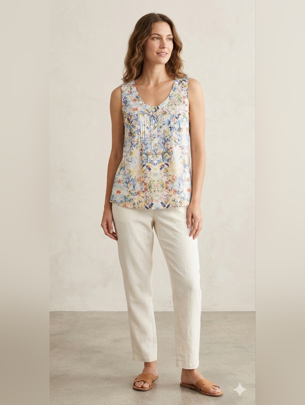 Eddie Bauer Floral Sleeveless Henley Blouse Blue Yellow Coral Large Lightweight
